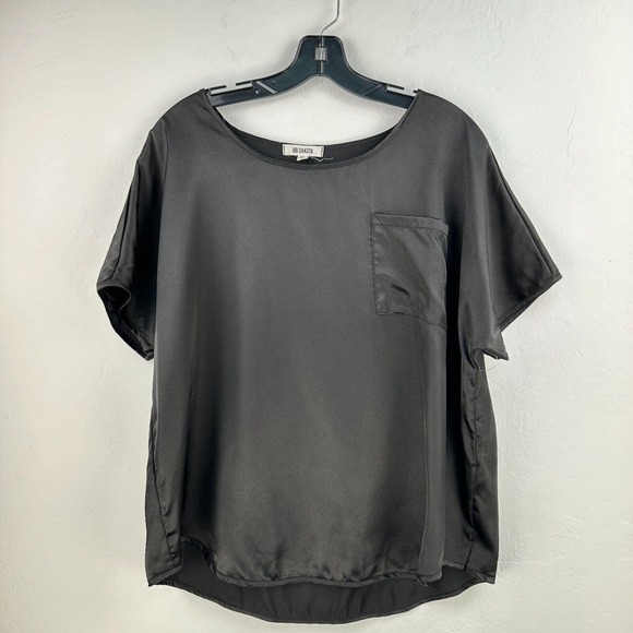 BB Dakota Satin Top‎ Womens XL Black Short Sleeve High Low Hem Pullover Blouse - Picture 1 of 8